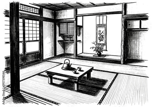 Traditional Japanese room interior with tatami mats, low table, and tea set, ink sketch