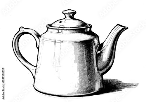 Sketch of a classic metal teapot with a handle and spout on a white background