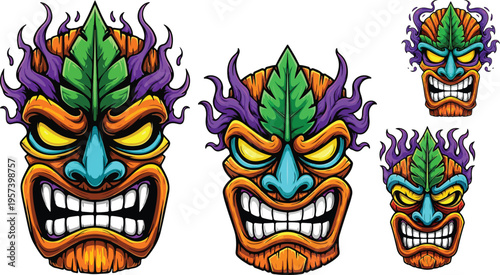 Fierce stylized tiki mask illustration featuring vibrant orange wood grain purple accents and green leafy adornments on transparent background