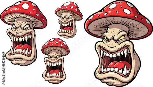 Terrifying angry cartoon mushroom character with sharp teeth and wide open mouth designs on transparent background