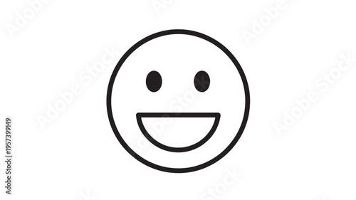 Smile face icon with simple black outline and filled eyes and mouth on a white background, representing happiness and positivity.
