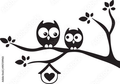 Cute cartoon vector illustration of a wise owl family and a love couple of birds perched on a nature tree branch against the sky for a Valentine card design