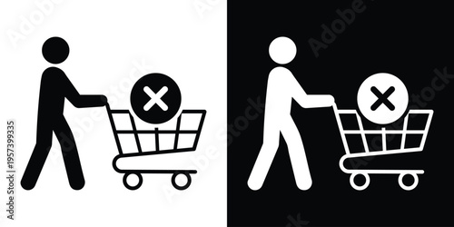 Person pushing a shopping cart with a cross or "X" mark. Symbolizes canceling an order, removing items from basket, rejected transactions, or empty cart status for web and app interfaces.