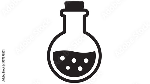 Flask with liquid and bubbles icon featuring a stopper, representing science and experimentation featuring bottle, cap, chemistry with laboratory and