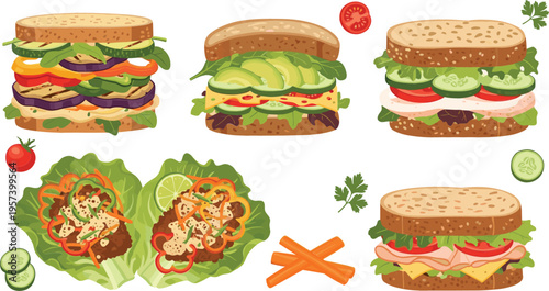Healthy sandwiches and wraps set with fresh vegetables and chicken fillings, nutritious meal collection vector illustration for food design