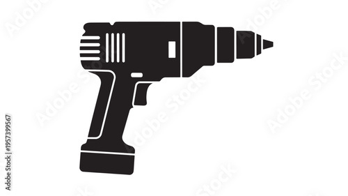 Drill power tool silhouette with a contoured grip and adjustable chuck on a white background, perfect for construction icons.