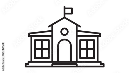 Building outline with arched entrance and windows, representing a public institution with a flag on the roof.