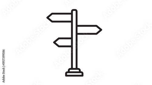 Signpost icon with three directional arrows pointing left and right on a white background featuring guidance, crossroads, choice with information and