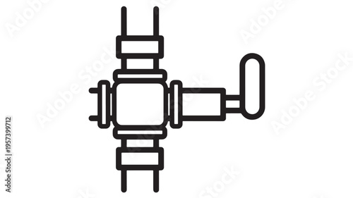 Valve fitting with pipe and handle in black outline style for plumbing and industrial applications. featuring water, gas, oil with shut off and