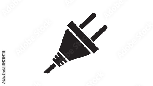 Plug electrical power connector icon with two black prongs and a textured cable end on a white background, representing energy and connection.