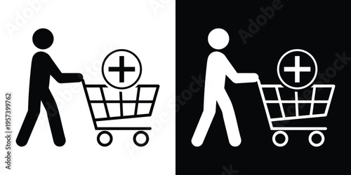 Silhouette of a shopper pushing a cart with a plus sign symbol. Represents increasing order quantity, adding products, consumer loyalty, and retail growth in a modern minimalist style.