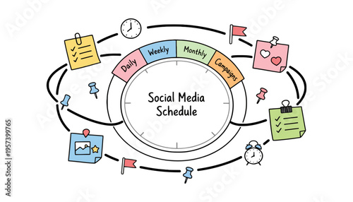 Social media schedule illustration with daily, weekly, monthly, and campaign planning