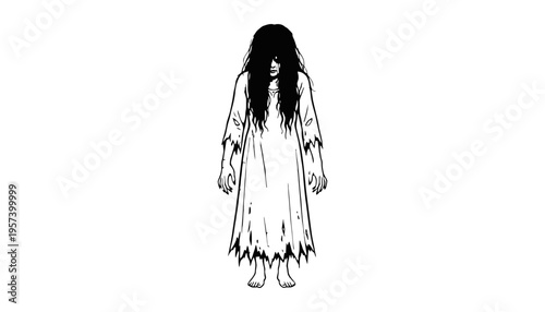 A creepy ghost woman in a white dress standing alone