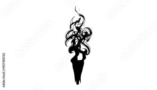 A black silhouette of a woman with flowing smoke hair