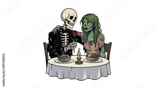 A skeleton and zombie having a romantic dinner together at night