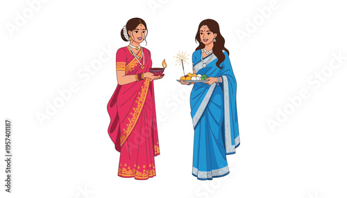 Two Indian women in traditional sarees holding Diwali festival decorations and lights