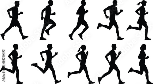 Set of black silhouettes featuring men and women running and jogging representing fitness, athletic training, marathons, healthy lifestyle, and cardio.