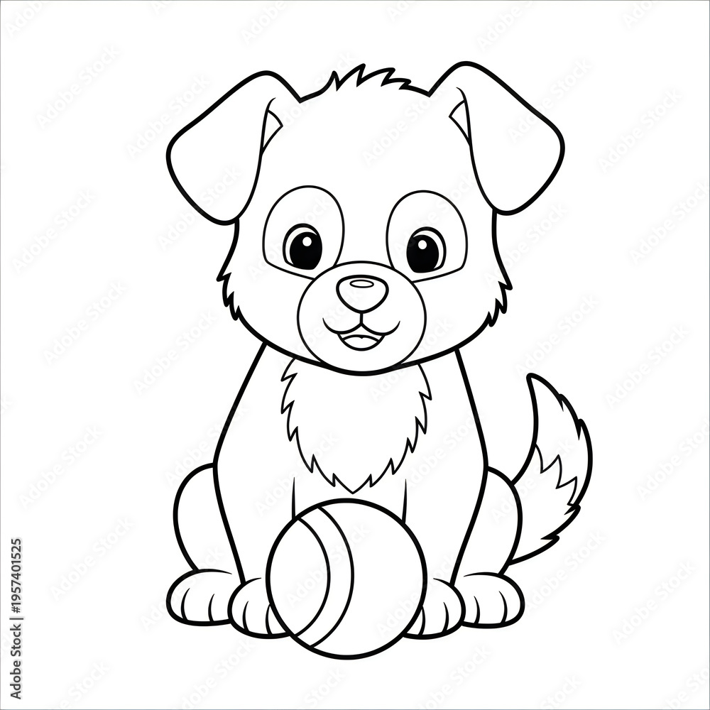 Obraz premium Cute puppy illustration with ball, black and white line drawing