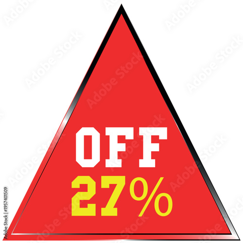 Red triangle with Discount batch white OF and yellow 27 percent text sale discount