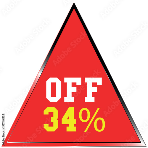 Red triangle with Discount batch white text OF and yellow 34 percent sale discount