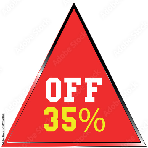 Red triangle with Discount batch white text OF and yellow 35 percent sale discount