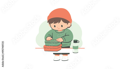 A cartoon boy preparing a lunchbox with a thermos and snacks