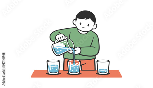 A boy pouring water from a jug into glasses on a table