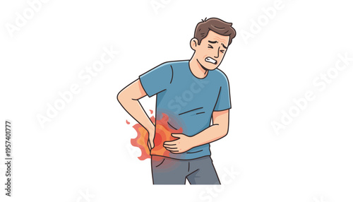Painful stomach ache illustration of a young man clutching his abdomen