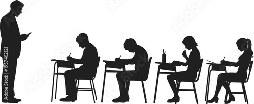 Silhouette of a teacher supervising students sitting at desks during an exam representing academic testing classroom education learning and school.