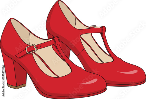 Elegant red high heel shoes with strap design, classic women footwear fashion, stylish glossy pumps illustration, modern female accessories flat vector isolated