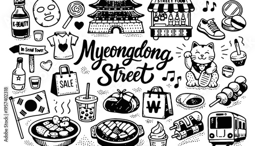 Myeongdong Street illustration with various Korean food and shopping icons