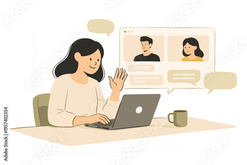 Online Communication and Video Chat Woman Working on Laptop Flat Vector Illustration