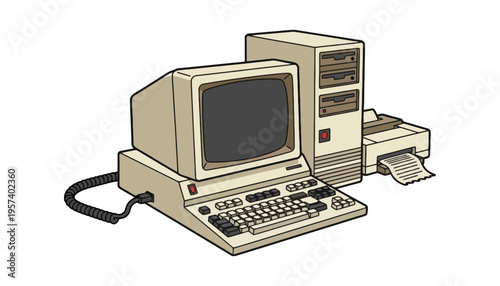 A computer vintage desktop with a monitor and printer illustration