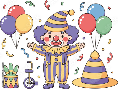 Cute clown character with balloons and circus props, colorful carnival illustration for kids party and entertainment vector design