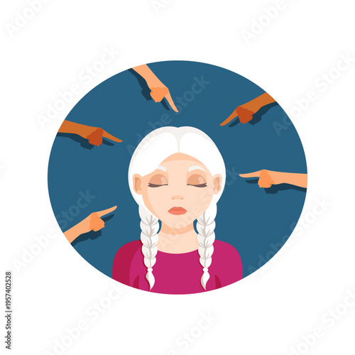 Social pressure and bullying concept, fingers pointing at sad albino girl with closed eyes
