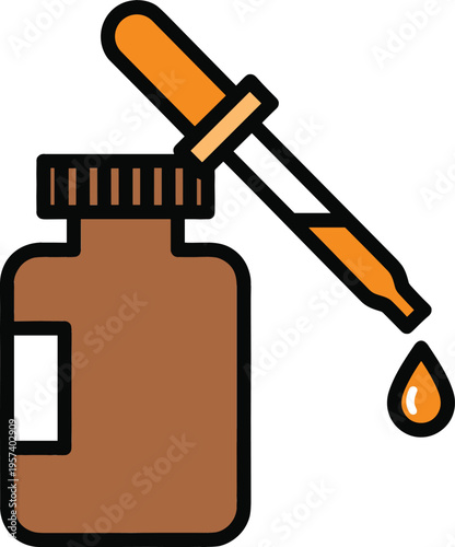 Dropper bottle icon with liquid drop, cosmetic serum or medicine container illustration in flat line style vector design