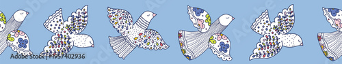 Seamless Banner with pigeons. Cute illustration with decorative birds. 