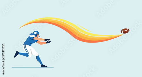 An American football player in a blue uniform is poised to catch a fast-moving football, depicted with a dynamic orange and yellow motion trail.