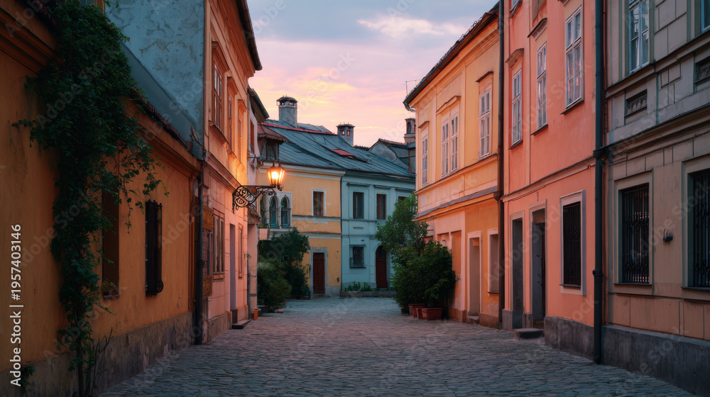 Fototapeta premium Vintage architecture, twilight, cobblestone street, pastel buildings, peaceful evening scene