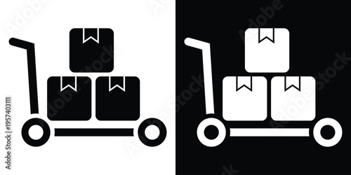 Flat vector illustration of a warehouse platform trolley stacked with four cardboard boxes. Represents bulk shipping, wholesale, storage, and heavy-duty logistics operations.