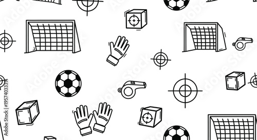 Soccer seamless pattern vector with football goals, gloves, whistles, and sports equipment icons