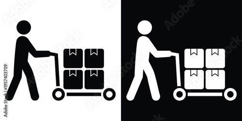 Minimalist vector icon of a person pushing a hand truck with a cardboard box. Ideal for logistics, shipping services, and manual labor concepts. Black and white versions included.