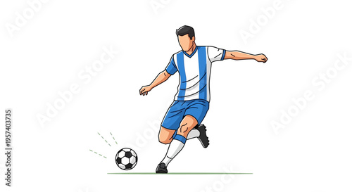A male soccer player in a blue and white uniform is actively kicking a black and white football on a white background, demonstrating dynamic sports action.