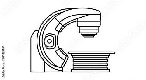 Medical linear accelerator machine for radiation therapy, black and white line art.