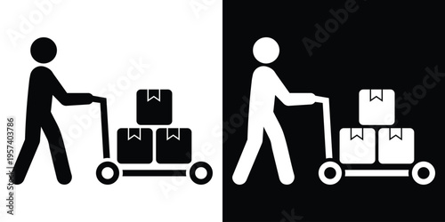 Minimalist vector icon of a person pushing a hand truck with a cardboard box. Ideal for logistics, shipping services, and manual labor concepts. Black and white versions included.
