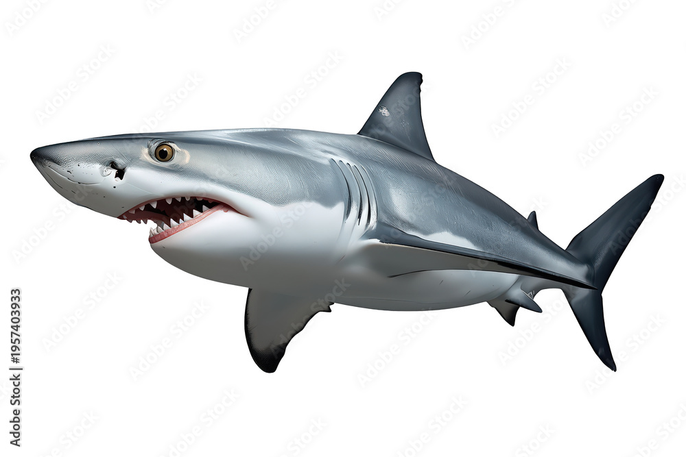 Fototapeta premium Great white shark showing powerful jaws and sharp teeth, swimming predator in ocean water, danger concept on transparent background