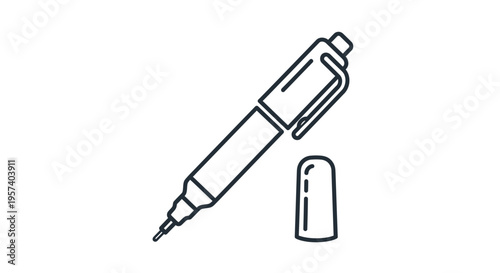 Minimalist Line Art Icon of a Marker Pen with Cap Off, Isolated on White Background