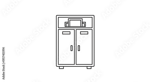 Minimalist Line Art Icon of a Cabinet with Doors and Shelves