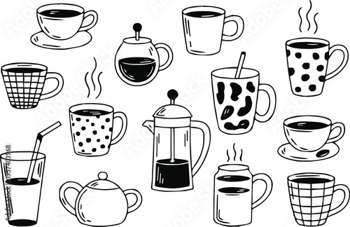 coffee cup collection hand drawn mug cup glass teapot vector art