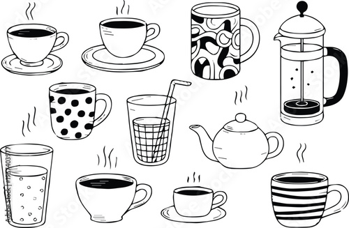 coffee brewing tools french press teapot kettle and pot vector